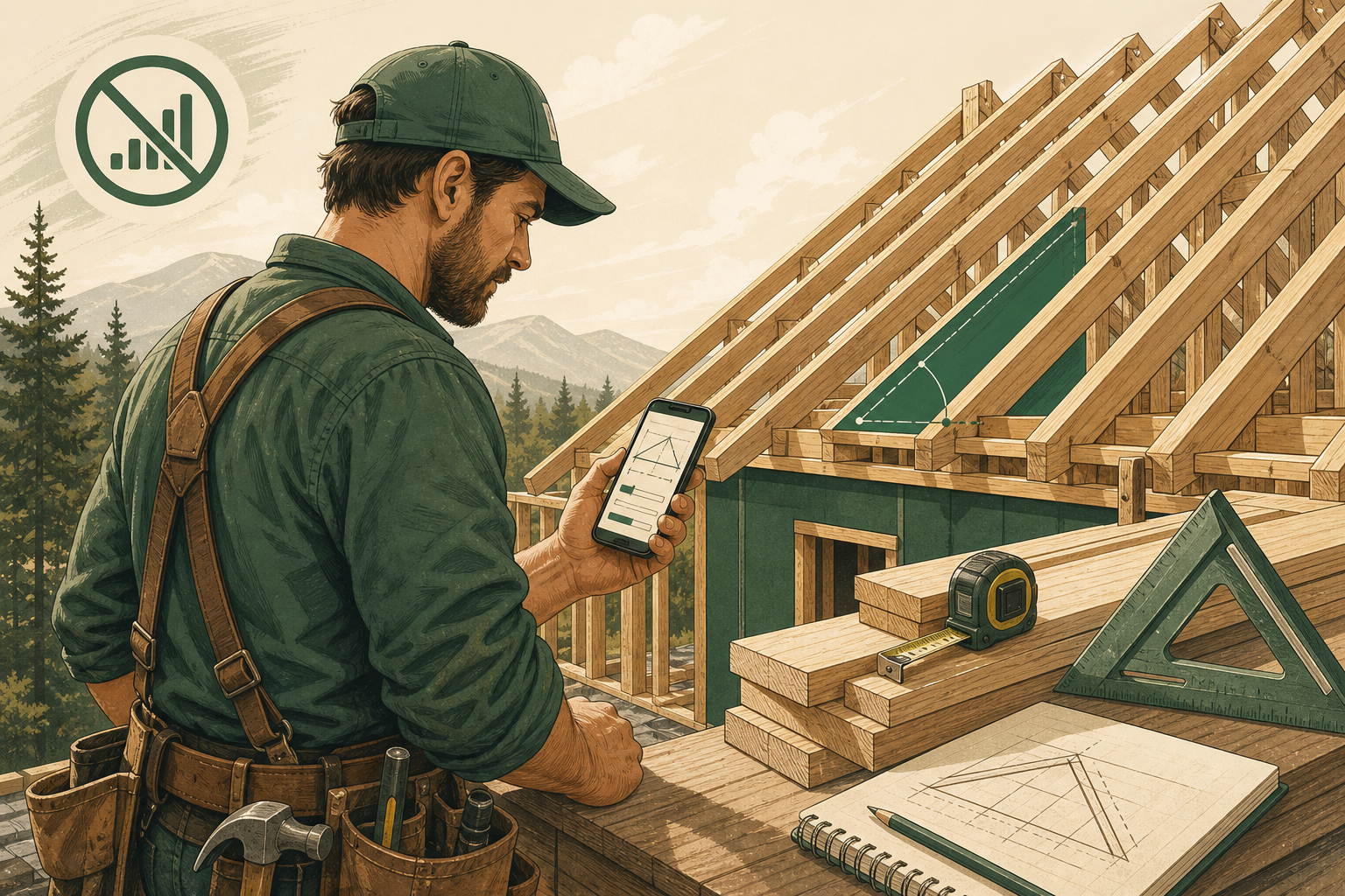 Carpenter using an offline carpentry calculator on a roof framing jobsite
