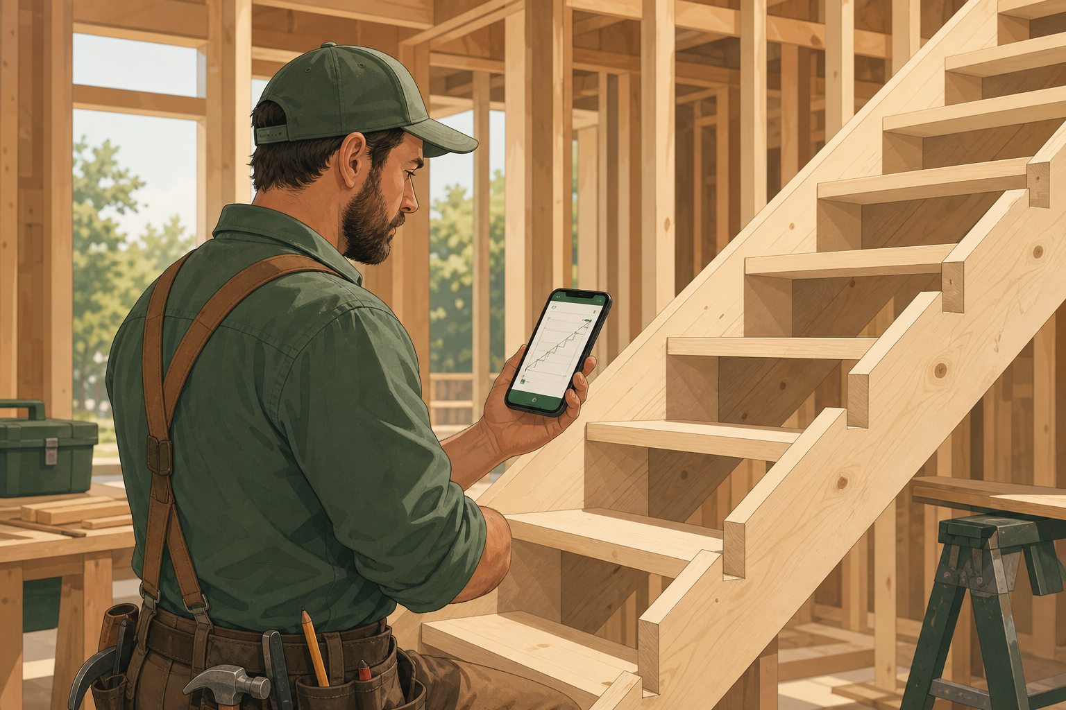Carpenter checking stair stringer measurements with a carpentry calculator on a jobsite